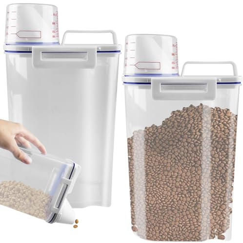 WANDGU Aufbewahrungsbox mit Messbecher: 2 Stück 2.5L Luftdichter Kunststoffspender mit Ausgießer, Katzenfutter Vorratsdose, Pet Food Container für Trockenfutter, Reis, Mehl, Waschmittel, Hundefutter