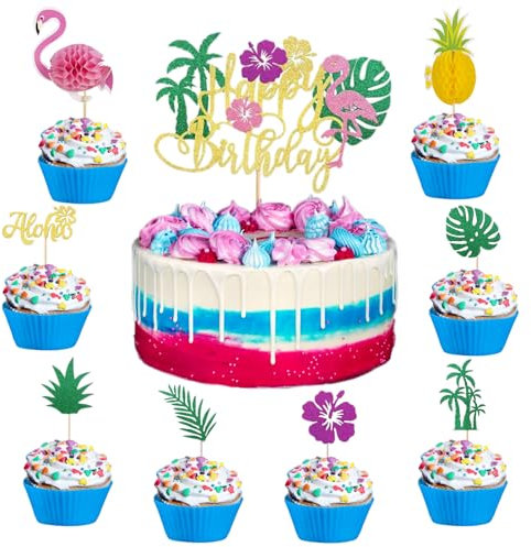 Flamingo Tortendeko, 25 PCS Hawaii Cake Topper, Flamingo Cupcake Topper, Tortendeko Hawaii, Sommer Cupcake Deko Tortendekos, Kuchendekoration für Sommerpartys, Tropisches Thema, Poolpartys