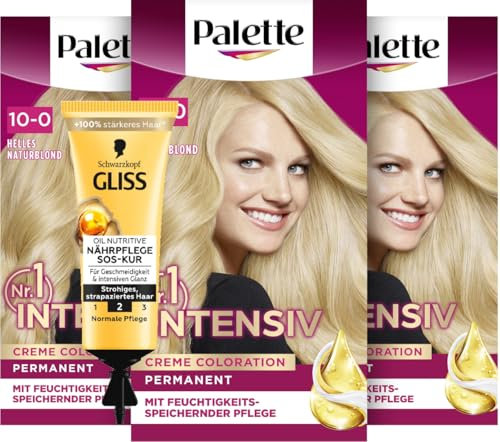 Palette Intensiv Creme Coloration 10-0/200 Helles Naturblond (3x 115 ml), permanente Haarfarbe für leuchtende, langanhaltende Farbbrillanz & SOS-Intensiv-Kur Oil Nutritive (15 ml) Haarkur