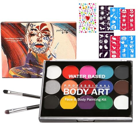 Bogoro 15 Colores Pinturas Cara, 2 Cepillos, 60 Plantillas, 1 Pegatina DIY, Niños Pintura Facial y Corporal, No Tóxico e Inofensivo, Hipoalergénico, Pintura Fluorescente Cara Halloween Carnaval