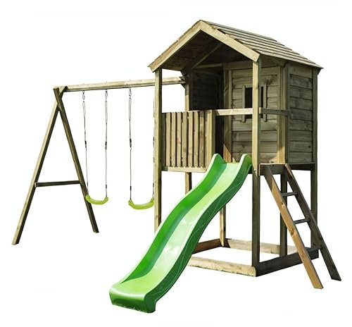 Kangui - Aire de jeux en bois avec cabane sur pilotis WAPITI - Balançoires, toboggan, cabane avec balcon