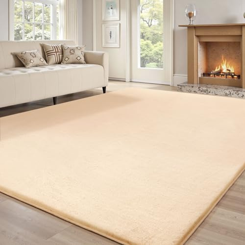 Sour Lemon Teppich Wohnzimmer 200x300cm,Großer Beige Teppiche Kunstfell | Waschbar Glatt Anti-Rutsch Carpet für Schlafzimmer, Kurzflor rutschfest, fusselfrei, Flauschiger Teppich Bereich Kinderzimmer