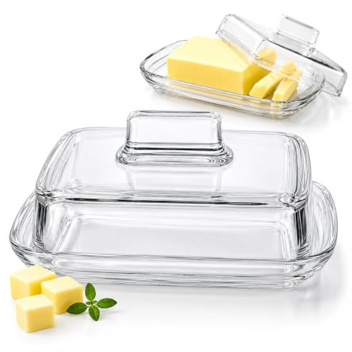 OMAGO® Butterdose aus Glas, Butterbehälter, transparenter Butterbehälter mit Deckel, Behälter zum Servieren von Butter, aus Glas mit Griff