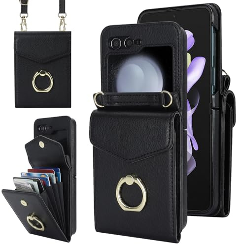 SINQERISHT Handykette Handyhülle für Samsung Galaxy Z Flip 7 5G 2025 Wallet Hülle PU Leder Case mit Kartenfach, Brieftasche mit 360° Ring Ständer Klapphülle Magnetverschluss Cover(Schwarz)