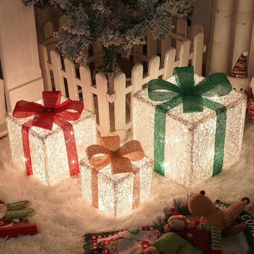 OVOISSTIY 3 Stück LED Geschenkboxen, 8 Leuchtmodus Weihnachtenbox Beleuchtet Deko, Weihnachten Boxen Lichter mit Timer für Weihnachtsdeko Outdoor, Weihnachtsbaum LED Geschenkbox (Silber)