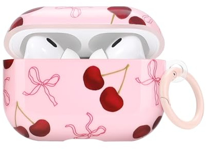 Newseego Case for Airpods Pro 2 Gen, Cute Aesthetic Pink Ribbon Bow and Red Cherry Print Pattern Design with Keyring for Girls & Women Soft TPU Shockproof Cover for Apple Airpods Pro 2 Generation