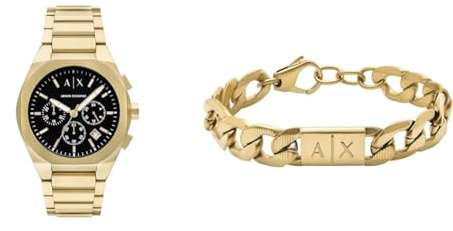 Armani Exchange Herren Goldfarbene Edelstahl Uhr und Armband, Set