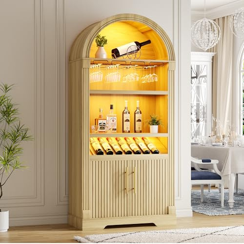 LVSOMT Weinschrank mit LED-Beleuchtung, 180cm Bogen Barschrank, Holz | Weinschränke mit Bewegungssensor, Hängendes Tassenregal, Tür Stauschrank, Stufen Küchenschrank für Küche Esszimmer Wohnzimmer