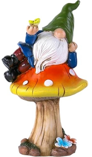 Wedhapy Garden Gnomes, Spring Gnomes on Mushroom Statue, Resin Cute Garden Figurines for Spring Summer Holiday Outdoor Porch Lawn Patio Yard Decor, Style2 Gnome Decor