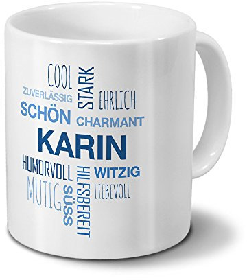 printplanet Tasse mit Namen Karin Positive Eigenschaften Tagcloud - Blau - Namenstasse, Kaffeebecher, Mug, Becher, Kaffeetasse