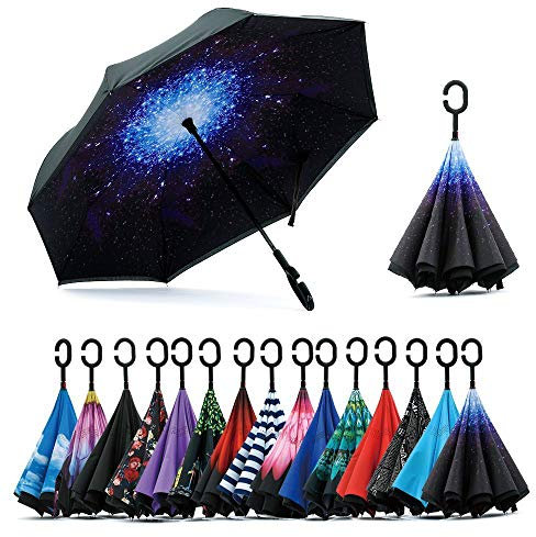 Jooayou winddichter doppellagiger Wende-Regenschirm mit UV-Schutz,selbststehendem Stock,C-förmigem Griff,Tragetasche mit Schultergurten 1 Sternenhimmel