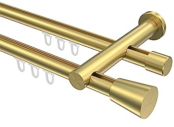 INTERDECO Innenlauf-Gardinenstange 20 mm 2-läufig, moderne Innenlaufstange aus Metall, Messing-Optik, zur Wandmontage, Typ 10214612, 320 cm