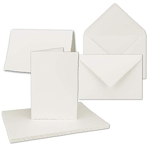 100x Vintage Faltkarten-Set mit Zackenschnitt hochdoppelt - Natur-Weiß - Edel-Bütten Karten mit Umschläge - DIN A5-14,8 x 21 cm - imitierter Büttenrand - by GUSTAV NEUSER