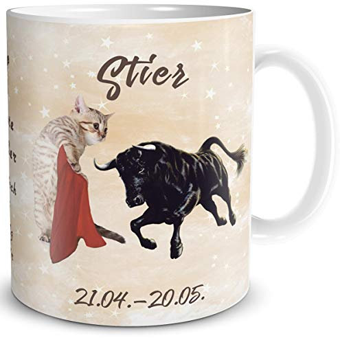 TRIOSK Tasse Katze lustig mit Spruch Sternzeichen Stier Katzenmotiv Horoskop Geschenk für Katzenliebhaber Geburtstag Frauen Freundin