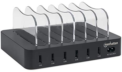 Manhattan 102254 organizzatore per stazioni di carica Nero (Charging Station, 6X Usb-A - Ports, Outputs: 6X 2.4A, - Smart Ic, Led Indicator Lights, Black, Three Year Warranty, Box - Warranty: 12M)