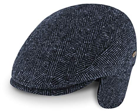 fiebig Flatcap Herringbone mit Ohrenschutz | Schirmmütze aus Wollmix mit Ohrenklappen | Fischgrät Gatsby Kappe Made in Italy (58-L, Marineblau)