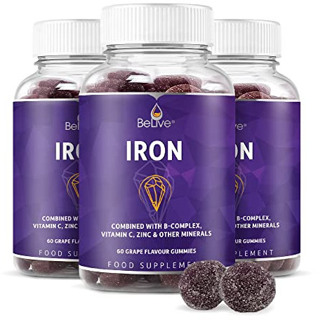 Iron Gummies Supplement with Vitamin C, A, Vitamins B Complex, Folate, Multivitamins for Women, Kids & Adults - Supports Energy, No After Taste, Vegan Supplements - Grape Flavor (180 Ct) (3 Pack)
