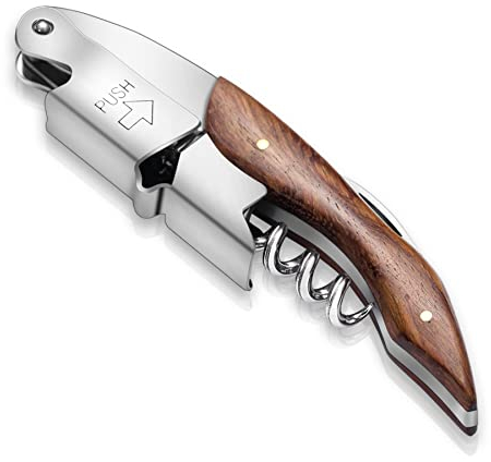 Kyraton Tire-bouchon Classique Tout en Un - Manche en Bois, Acier Inoxydable - Clé à Vin, Ouvre-bouteille pour Bar, Bière, Restaurant, Serveurs