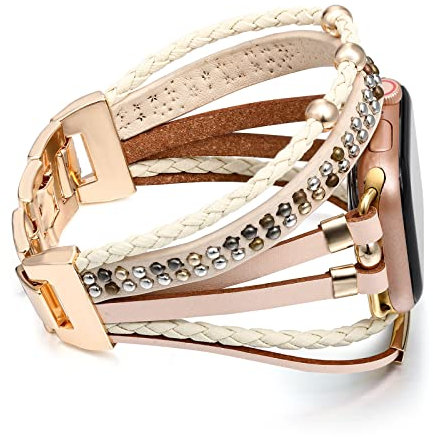 Wingoden Posh Leather Band Compatible with Apple Watch Band Bracelet 38mm 40mm 41mm for Women Men - Wrap Boho Apple Watch Strap for iWatch Band Series 9 8 SE 7 6 5 4 3 2 1 Ultra 2, Beige Rivet
