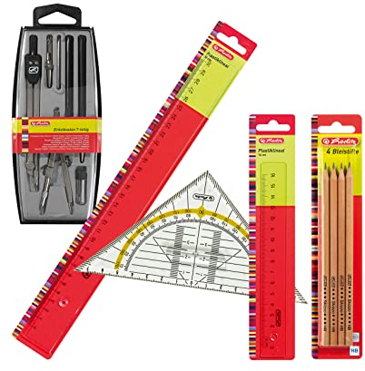 Herlitz Lineal Kunststoff Transparent (5er Set - Lineal 16 cm, 30 cm, 4 Bleistifte HB, Zirkel-Set & Geometrie-Dreieck klein mit Griff)
