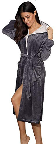 Vestaglia da donna in pile felpato con cappuccio accappatoio morbido da notte loungewear Kimono accappatoio per le donne, Cappuccio grigio scuro e bianco, L/alto
