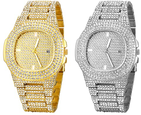 JewelryWe 2pcs Uhren Damen Herren Analog Quarz Armbanduhr Elegant Quadrat Glitzer Strass Beiläufige Uhr mit Metall-Armband und Uhrenwerkzeug Gold/Silber