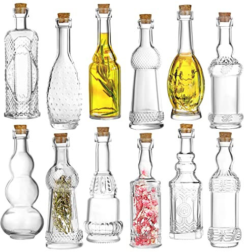 Kitchen Lux Vintage Small Bottles With Corks, Assorted Shapes [12-Pack] Clear Mini Glass Jars With Cork Lids For Crafts, Party Favors & Wedding Decorations- Small Bud Vases/Sand Art Bottles