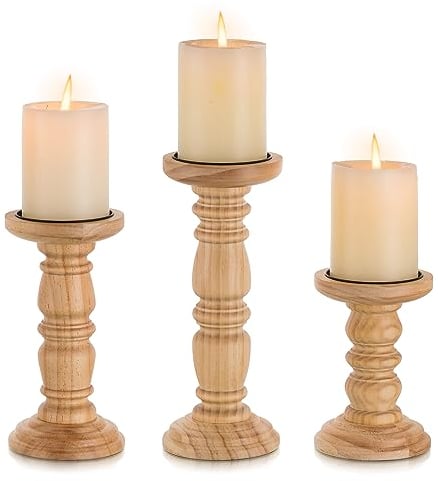 Inweder Kerzenständer aus Holz für Stumpenkerzen Satz von 3 hölzernen Stumpenkerzenhalter Braun Rustikale Kerzenhalter Massive Kerzenhalter für Hochzeitstisch Mittelstücke, Heimdekoration, Kamin