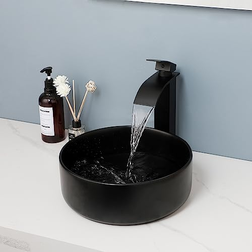 Yanksmart Black Bathroom Vessel Sink, Deck Mounted Ceramic Washing Bowl Sink with Mixer Tap and Drain Set