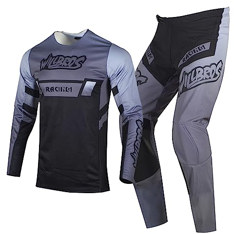 Willbros Motocross Jersey und Hose Set Moto Offroad MX Enduro Motorrad Mountainbike Cross Anzug Bergab Rennen Grau Schwarz (Jersey M Pants 32)