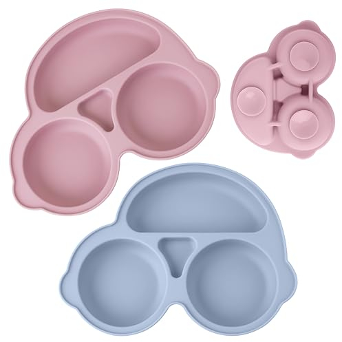 Piatto per Bambini in Silicone, 2 set Piatto con Ventosa per Bebè, antiscivolo Piatto Svezzamento senza BPA con 3 Aree, Morbido e Resistente Lavabile in Lavastoviglie, Adatto per il Microonde