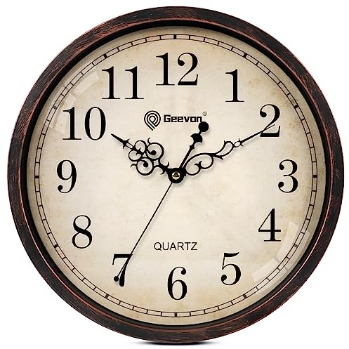 Geevon Retro-Wanduhr, geräuschlos, Nicht tickend, rund, Vintage, Quarz | Retro Dunkelbraun, 14 Zoll, Dekorative Batteriebetriebene Wanduhr für Küche, Büro, Klassenzimmer, Schlafzimmer, Wohnzimmer