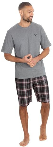 INSIGNIA Mens Pyjamas Set Short Sleeve T-Shirt Top & Woven Shorts Pants (Charcoal Emblem, XL)