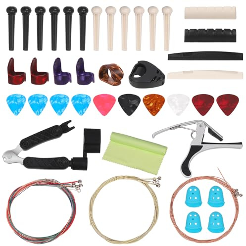 Swpeet Kit d'accessoires pour guitare de 57 pièces comprenant des médiators et des cordes, capo, coupe-cordes, chevilles de chevalet, support pour médiator, selle en os de guitare et écrou