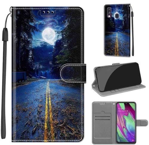 Handyhülle für Samsung Galaxy A40, Mond | Premium Leder Flip, Klappbar, Stoßfest, Magnetisch, Standfunktion, Kartenfächer, Wallet Handyhülle