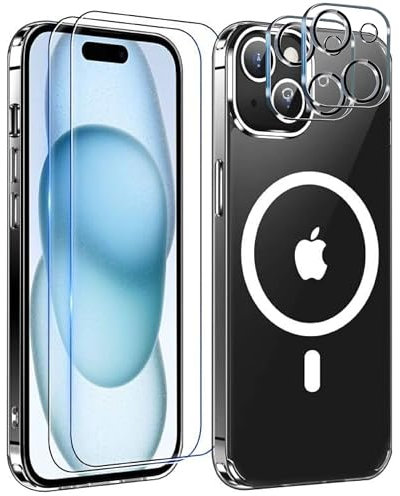ENOH Magnetische klare Schutzhülle iPhone 15, Kompatibel mit Magsafe, 2 Glas Bildschirmschutz, Kameraschutz, Militärischer Fallschutz, Schlank, dünn, stoßfest, Handyhülle (Klar, iPhone 15)