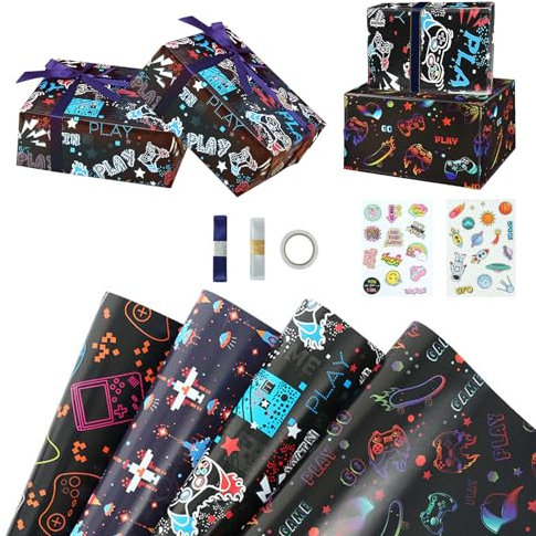 4 Pcs Gaming Birthday Wrapping Paper with Stickers Ribbons - Boys Gift Wrapping Paper Roll Game Consoles Themed Recyclable
