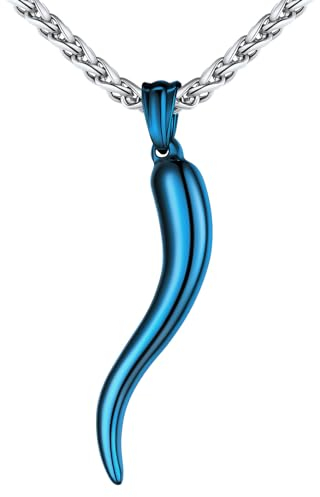 U7 Halskette für Herren Blau Hörner Anhänger für Damen 3D Chili Italien Horn Halskette Edelstahl Herren Cornicello Anhänger Glücksbringer Kette Horn Kettenanhänger Collier Modeschmuck für Weihnacht