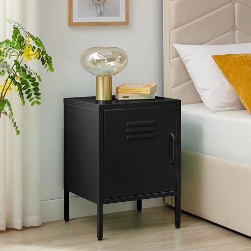 Furniturebox UK Black Metal Bedside Table with Door - Teksi - Industrial Metal Locker Style Cabinet - Internal Shelf For 2 Tiers Bedroom Storage - Living Room End Table - Modern Fun Design