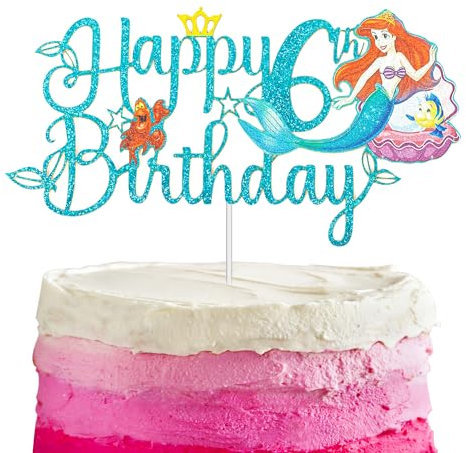 Mermaid Cake Topper 6th for Girls,Kids Birthday Cake Decorations,Mermaids Cartoon Theme Cake Cupcake Topper Shinny Mermaid Happy 6th Birthday Cake Toppers for Kids,Girl,Mermaid 6th Party Cake Decor