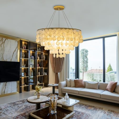 LYSDjia Kronleuchter Moderner Capiz-Muschel 6 Lichter natürliche Muschel hängende Pendelleuchte für Wohnzimmer Gold zeitgenössischer runder im Küstenstil für Schlafzimmer Küche Esstisch Foyer Hängelam