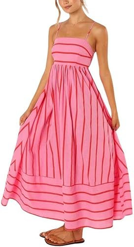 KMBANGI Robe longue rayée sans manches pour femme - Patchwork - Robe midi plissée à bretelles spaghetti colorées, Joli rouge et rose, Taille S