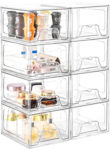 Stebopum 8 Pack Stackable Makeup Organizer, 4.4'' Tall Acrylic Bathroom Makeup Organizer and Storage Drawer with Pull-out Handle, Clear Plastic Storage Bins for Vanity,Pantry,Desk,Undersink,Kitchen