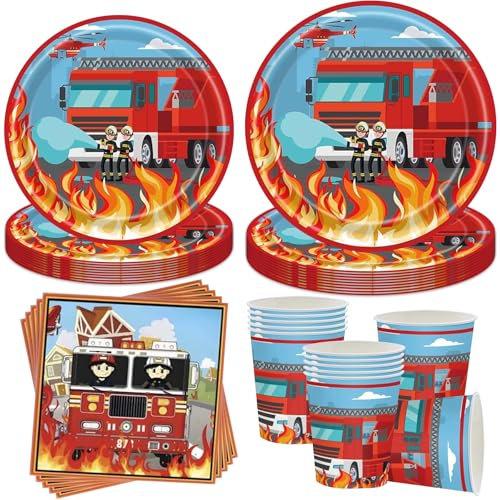 Sunshine smile Juego de 50 platos de cartón para bomberos, camión de bomberos, decoración de cumpleaños, vajilla de fiesta, cumpleaños, camión de bomberos, decoración de cumpleaños