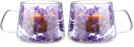 LeKuni Lot de 2 Tasses Double Paroi Avec Fleurs Séchées, 200ml Verre Double Paroi, Tasses À Expresso En Verre Transparent Pour Cappuccino, Expresso, Latte, Thé -Violet