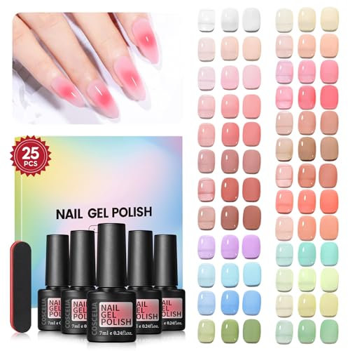 COSCELIA 25 Farben UV Nagellack Set Jelly Nail Polish Transparent Rosa Nude Soak Off UV Gel Nagellack Jelly Gel Nail Polish Nudetöne Gelnägel Nägel Selber Set