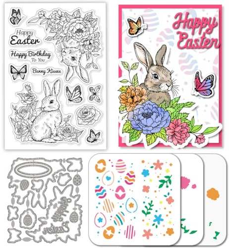 GLOBLELAND Osterhasen Stempel and Cutting Dies Set for Card Making Ostereier Stamps and Stencils Grüße Embossing Stencil for DIY Scrapbooking Crafts Album Accessories