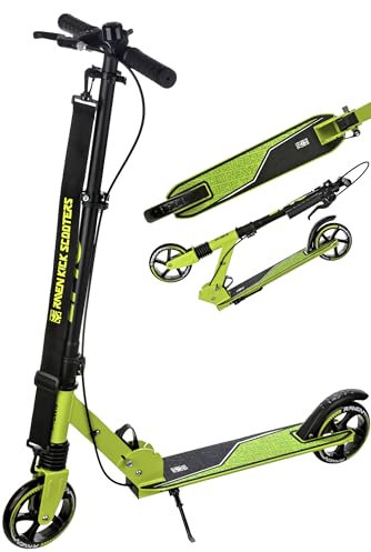 RAVEN Scooter Roller Tretroller Kickscooter für Kinder | klappbar | höhenverstellbar | Tragegurt (Epic Lime mit Handbremse, 145mm)