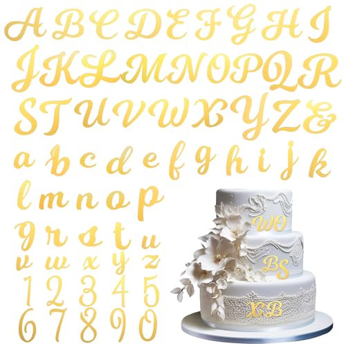 HJZHII 64 Stück Tortendeko Buchstaben, Acryl Spiegelbuchstaben Buchstaben für Torte Zahlen 0-9 und A-Z Großbuchstaben Kleinbuchstaben Set Kuchenbuchstaben für Geburtstag Hochzeits Party(Gold)