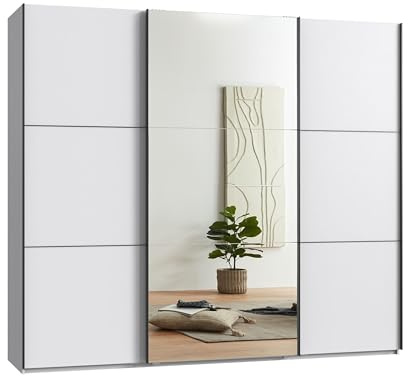 Schwebetürenschrank 3-türig B250/H216/T65 cm in Weiß mit Spiegel und schwarzen Griffleisten, inkl. Selbsteinzug, Kleiderschrank mit Einlegeböden, Kleiderstangen, Schubladen, Wäscheeinteilung / 22013